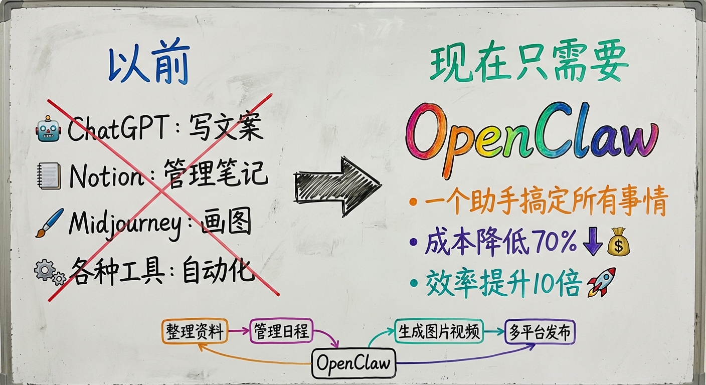 OpenClaw 多场景应用示意图 - 覆盖工作生活各个方面